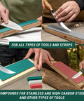 Legit 3 In 1 Stropping Compound Kit For Leather Strop And Knife Sharpening Featuring Red White Green Polishing Compounds To Nail Your Edge On Blades And Metal Buffing Model P03 with various leather strops and knives.