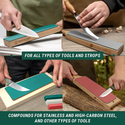 Legit 3 In 1 Stropping Compound Kit For Leather Strop And Knife Sharpening Featuring Red White Green Polishing Compounds To Nail Your Edge On Blades And Metal Buffing Model P03 with various leather strops and knives.