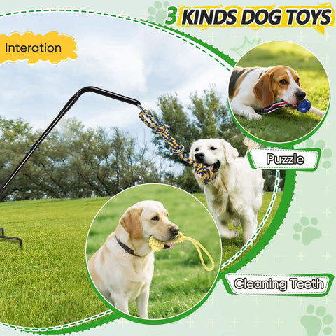 Tether Dog Toy Rack With 3 Tug Rope Toys Rotating Outdoor Tug Toy Stand for yard park lawn, dogs playing in grass