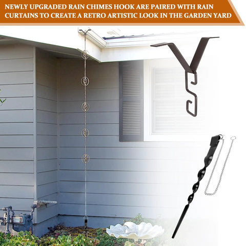 Rain Chain Hanger and Ground Anchor Kit for Outdoor Garden Rain Chains Copper Chain Clip installed on house gutter