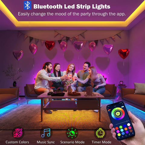 Leeleberd RGB Bluetooth LED strip lights, 100 ft (2 rolls), color-changing with remote/app control