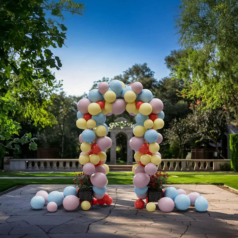 Heavy Duty Eight Point Two Foot Metal Garden Arch Trellis With Planter Boxes For Climbing Plants Outdoor Use Built To Last And Backyard Ready Wedding Backdrop Stand Decor Easy Assembly All Weather Black with colorful balloons