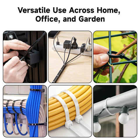 Various uses of 200 Pack Self Locking Nylon Zip Ties Assorted 6, 8, 12 Inch Indoor Outdoor Black And White For Cable Management