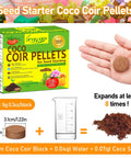 50 Pack 30mm Coco Coir Pellets Seed Starter Soil Mix Organic Coconut Coir Pods For Seedlings Indoor Outdoor Plants Bonsai Herbs Vegetables Flowers No Fuss Grow Kit packaging and single pellet in hand with expansion demonstration