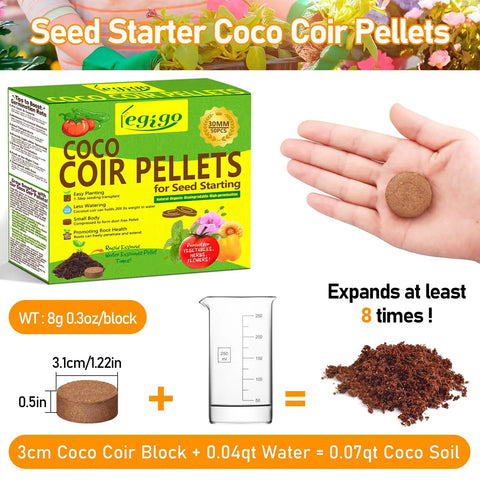 50 Pack 30mm Coco Coir Pellets Seed Starter Soil Mix Organic Coconut Coir Pods For Seedlings Indoor Outdoor Plants Bonsai Herbs Vegetables Flowers No Fuss Grow Kit packaging and single pellet in hand with expansion demonstration