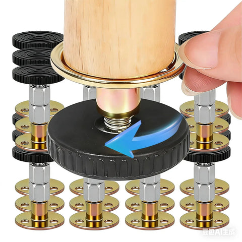 Adjustable Furniture Feet Set Of 12 for beds, tables, cabinets, and sofas with heavy-duty threaded posts and non-slip wide foot pads.