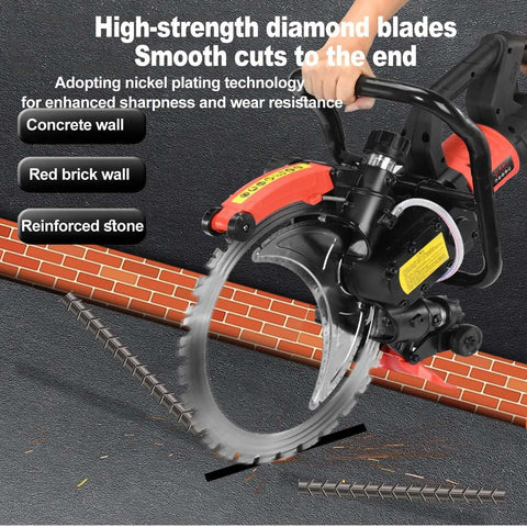 Heavy Duty 16 Inch Electric Concrete Ring Saw With A Beast Mode 8980 Watt Motor and Water Cooling System cutting through red brick wall.
