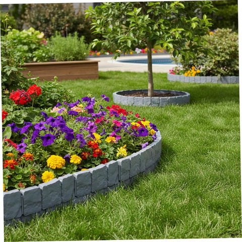 Interlocking Faux Stone Garden Edging Border Kit Easy Install Plastic Landscape Border For Yard Flower Beds And Lawn Weather-Resistant 30 Pack Included surrounding colorful flower bed
