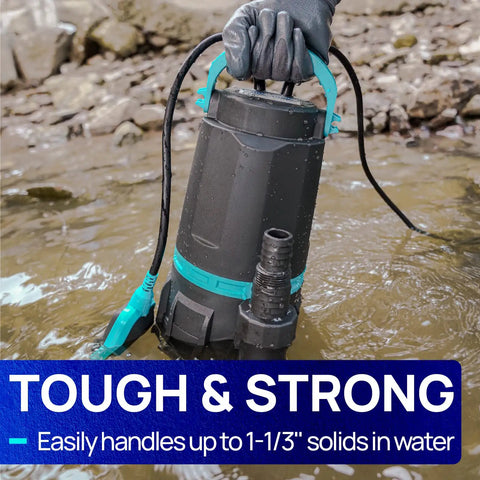 Heavy-Duty 1HP Submersible Sump Pump With Float Switch Cranks Up To 4948GPH At 5 Feet Lifts Water Up To 30 Feet Passes 1-1/3 Inch Solids