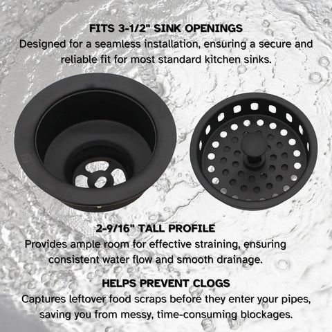 3-1/2 Inch Post Style Large Kitchen Sink Basket Strainer Matte Black Solid Brass Construction Built To Last Heavy Duty Drain Protector For Standard Openings Corrosion Resistant Premium Finish With Easy Turn Post Control, shown with strainer and drain components on water surface.