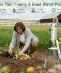 Woman gardening beside Stainless Steel Manual Well Pump For Home And Garden Water Suction Hand Pump Pitcher Pump