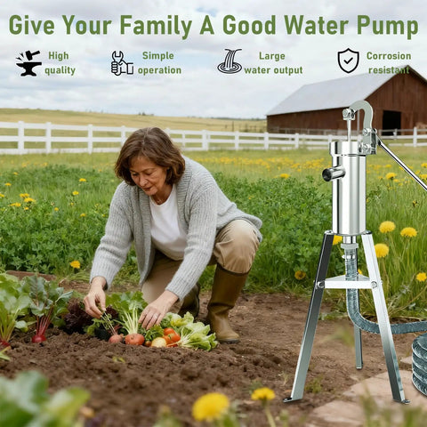 Woman gardening beside Stainless Steel Manual Well Pump For Home And Garden Water Suction Hand Pump Pitcher Pump