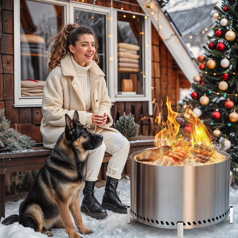 27.5 Inch Smokeless Fire Pit With Stand And Grill Rack Large Stainless Steel Wood Burning Outdoor Patio Stove in winter setting