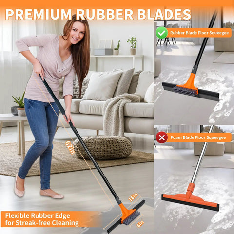 Heavy Duty 2-In-1 Floor Squeegee Workhorse With 16-Inch Rubber Blade And 6-Inch Scrub Brush 62-Inch Handle in use indoors