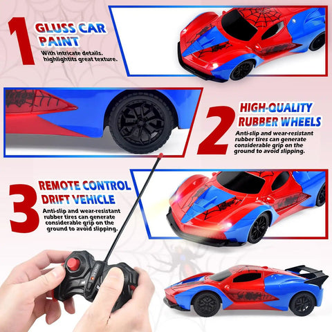 Spider Themed RC Car For Kids 3 Plus with blue and red design, showing glossy paint, rubber wheels, and remote.