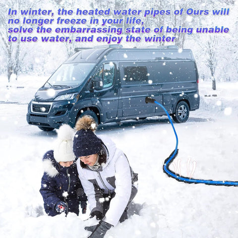 25ft heated RV water hose, blue, attached to a camper van in a snowy scene