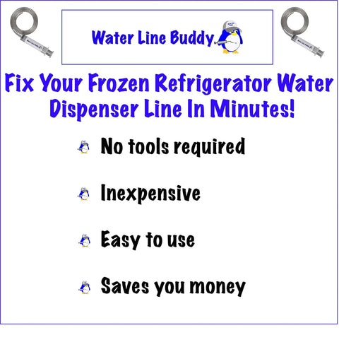 Image displaying Universal Fridge Water Line Thaw Kit packaging with benefits: no tools required, inexpensive, easy to use, saves money.