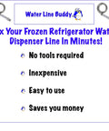 Quick And Easy Frozen Water Line Defrost Tool For Refrigerator Water Dispenser Unfreeze Your Line At Home Without A Technician No Tools Needed DIY Friendly displayed with instructions and benefits.