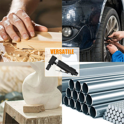 Badass Compact Air Die Grinder With Right Angle 20000 RPM Pneumatic Drive shown in multiple applications like fabricating and polishing.