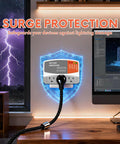 Three Outlet Refrigerator Surge Protector Wall Plug With Automatic Voltage Protection For Fridge AC And Washer 1800W 120V 15A installed on wall with blue glow and lightning visible outside window.