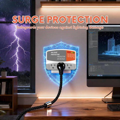 Three Outlet Refrigerator Surge Protector Wall Plug With Automatic Voltage Protection For Fridge AC And Washer 1800W 120V 15A installed on wall with blue glow and lightning visible outside window.
