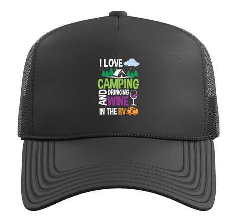Road Trip Ready RV Trucker Hat For Camping And Wine Lovers With Adjustable Mesh Back In Black Five Panel Cap With Structured Foam Front