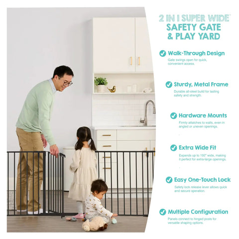 Heavy Metal Super Wide Baby Gate Expands To 192 Inches For Massive Openings, with a sturdy metal frame and walk-through design.