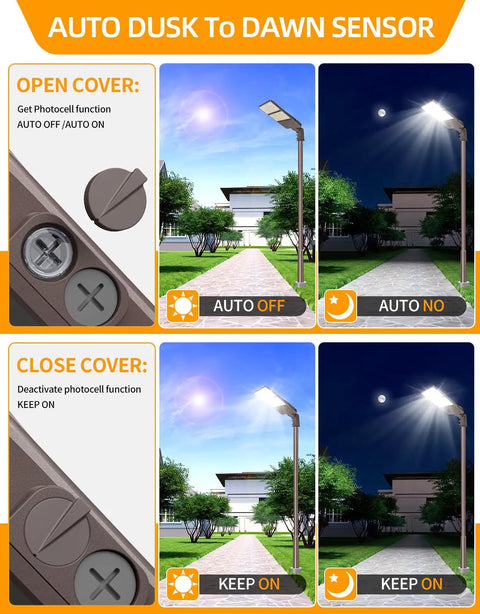 Diagram showing auto dusk to dawn sensor for Rugged 240W 200W 150W Adjustable LED Parking Lot Light With 5000K Output UL DLC Listed Photocell