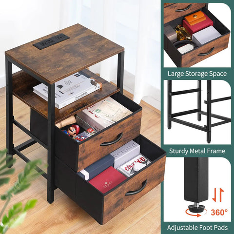 Nightstand With Charging Station And USB Ports, Compact Bedside Table With Fabric Drawers, Storage Shelf For Small Bedrooms And Tight Spaces