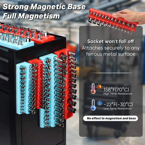 Magnetic Socket Organizer Set 6-Piece With 1/4, 3/8, 1/2 Inch Drive Trays holding sockets on metal cabinet
