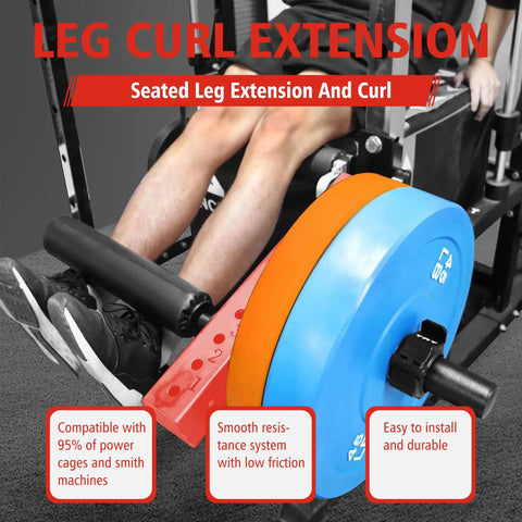 Person using Seated Leg Extension And Curl Machine For Home Gyms, Adjustable Leg Strength Attachment, Space Saving Fitness Equipment, Red.