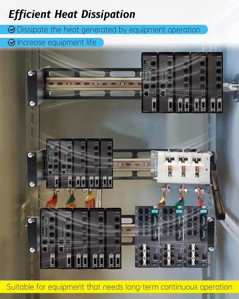 Rack Ready 19 Inch Rack Mount DIN Rail Kit with media converters and Ethernet switches installed, efficient heat dissipation