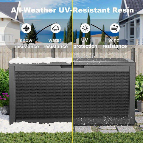 100 Gallon Resin Deck Box Lockable Outdoor Storage Chest for Patio Furniture and Garden Tools Built Tough Weatherproof Waterproof Storage Box for Outdoor Use Black with snow and water resistance features