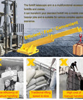 Heavy Duty Forklift Jib Boom Telescopic Crane Attachment With Heavy Gauge Hook 11000 LB Capacity shown lifting a box.