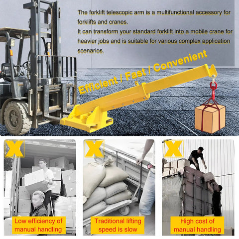 Heavy Duty Forklift Jib Boom Telescopic Crane Attachment With Heavy Gauge Hook 11000 LB Capacity shown lifting a box.