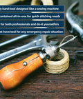 Deluxe DIY Sewing Awl Kit For Quick Fixes On Straps And Bags With Handheld Stitching Power Includes Straight Needle Curved Needle And Threaded Bobbin Made In USA with wooden handle on a workbench.