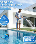Man using Cordless Water Transfer Pump 750 GPH With 30 Foot Lift Powerful Submersible Pump With 21V Dual 4000mAh Batteries by a pool.