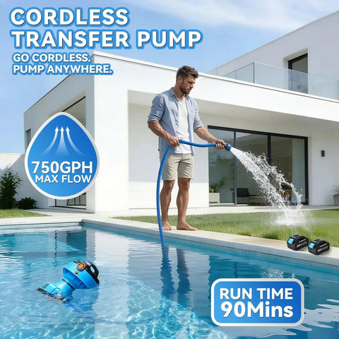 Man using Cordless Water Transfer Pump 750 GPH With 30 Foot Lift Powerful Submersible Pump With 21V Dual 4000mAh Batteries by a pool.