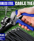 Heavy Duty 304 Stainless Steel Zip Tie Gun Kit with 150 Black Metal Zip Ties and blue handles in use on wire fence