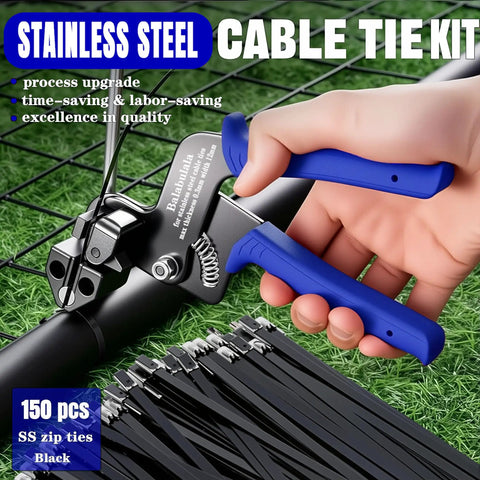 Heavy Duty 304 Stainless Steel Zip Tie Gun Kit with 150 Black Metal Zip Ties and blue handles in use on wire fence