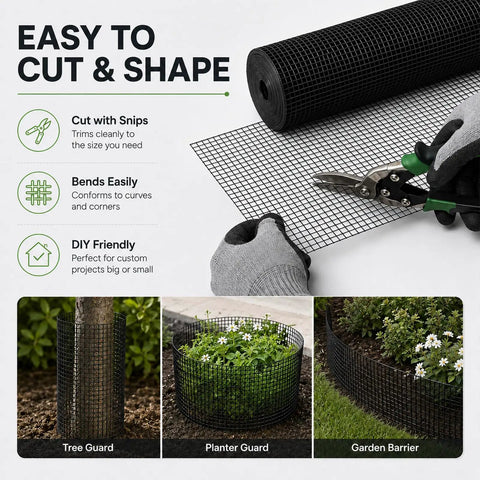 Premium Quality 1/2 Inch Black Hardware Cloth 48 Inches Wide By 100 Feet Long Roll shown being cut with snips for DIY projects.