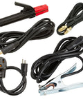 225 Amp AC DC TIG Stick Welder With Pulse Function And 200 Hertz Control parts, including cables and clamps for electrical connections.