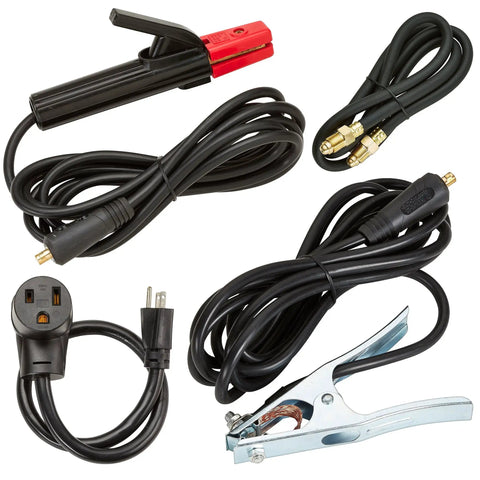 225 Amp AC DC TIG Stick Welder With Pulse Function And 200 Hertz Control parts, including cables and clamps for electrical connections.