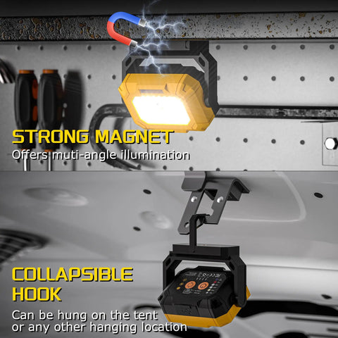 2 Pack Magnetic Work Light With 1500LM Output showing magnetic stand and hook, rechargeable 4000mAh battery, for car repair.