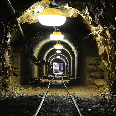 10 Head LED Temporary Construction Lights lighting a dark mining tunnel