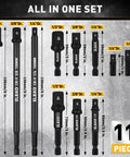 11-Piece Impact Socket Adapter Set With One Quarter, Three Eighth, And One Half Inch Drives displayed on textured background.
