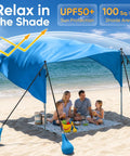 Beach Shade Canopy 100 Sq Ft Wind Powered Sunshade Sail For 4 To 6 People, blue tent setup on sandy beach with family underneath