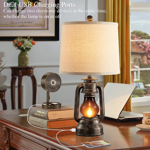 Rustic Farmhouse Lantern Table Lamps Set of 2 With USB Ports, Vintage Resin Bedroom and Living Room Lamps, Four Way Rotary Switch