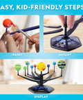 Glow In The Dark Solar System Model Kit For Kids Ages 8-12 Build A 3D Planetary System With Movable Arms Paintable Planets Cool STEM Craft For Space Themed Bedrooms And Decor, featuring steps of painting planets, mounting on base, and complete display.