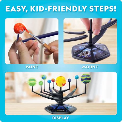 Glow In The Dark Solar System Model Kit For Kids Ages 8-12 Build A 3D Planetary System With Movable Arms Paintable Planets Cool STEM Craft For Space Themed Bedrooms And Decor, featuring steps of painting planets, mounting on base, and complete display.